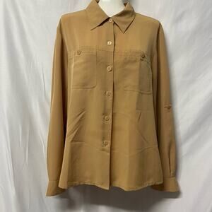 Vintage Kathy Che Top Blouse Tan Size 10 Roll Tab Sleeves Collar
